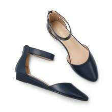 Women's Closed Pointed Toe Low Wedge Ankle Strap Casual Comfortable Ballet Flats With Back Zipper Design Party Wedding Shoes Navy - Navy Blue - View 5