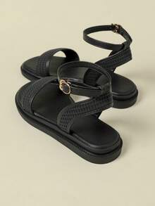 Women's Buckle Sandals, Low Heel Thick Sole, Fresh Random Embossed Woven Bohemian Vacation Retro Open Toe Flat Comfortable Summer New Lightweight Luxury Niche Design Unique Versatile Leg-Lengthening Backless Back Strap Hollow Shoes Summer Wedge Low Heel Non-Tiring Flat Shoes Fashion Outdoor Beach 2026 Spring/Autumn Black Breathable Fresh Elegant Elegant Match With Skirts Casual Sports Hollow Roman Shoes Size 33 Small 34 Small 42 Large 41-43 - Black - View 3