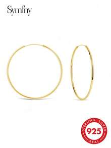SYMFNY 1 Pair S925 Pure Silver Hollow Circle Hoop Earrings, Minimalist Luxury Earrings - Earrings - View 2