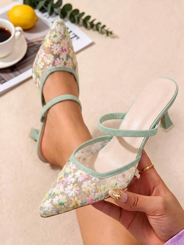 planare Women's Fashion Elegant Contrast Mesh With Dopamine Color Palette Embroidered Flowers Slingback Pointed Toe Back Strap High Heel Summer Sandals, Women's High Heel Sandals, Elegant Women's High Heels, Green High Heels, Elegant Women's Sandals, Women's Sandals, Kitten Heel Shoes, Summer Sandals, Comfortable Women's Shoes, Women's Vacation Sandals, Cute Shoes