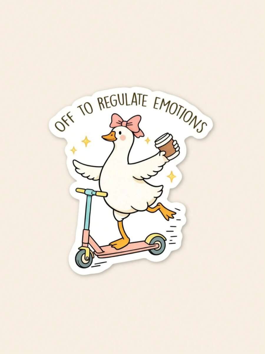 1pc Cute Goose Regulate Emotions Sticker, Funny Mental Health Self-Care Decal For Laptop, Aesthetic Cartoon Animal Quote Sticker For Water Bottle & Journal, Relatable Gift For Friends - Multicolor - View 1
