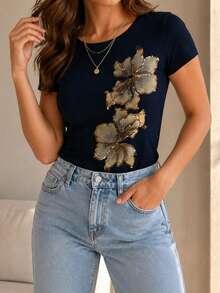 Women's Hibiscus Floral Slogan Print Crew Neck Cotton Tee, Y2K 2000s Retro Slim Fit Short Sleeve Top, Versatile Summer Streetwear Shirt For Dates - 多色 5 - 查看 2