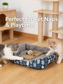 1pc Soft Pet Bed For Cats And Small Dogs - Plush Polyester Fiber Filled, Blue Paw Print Pattern, Durable Indoor Sofa Cushion, Easy To Clean, Comfortable And Cozy, Suitable For Indoor Pets, Cat Nest, Fun Pet Design, Easy-To-Clean Material - Multicolor - View 4