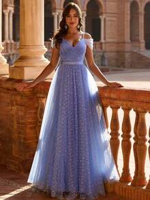 فستان كوكتيل نسائي أنيق من الشبك مع رقع براقة لحفلات العودة للمنزل والحفلات الراقصة والفساتين المسائية والمناسبات الرسمية للربيع والصيف والخريف - ازرق ضبابي - مشاهدة 11