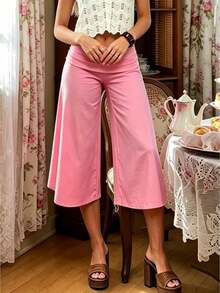 Fold Over Wide Leg Capri Pants For Women Low Rise Lounge Yoga Flare Culottes Y2k Flowy Crop Palazzo Pants - 玫紅色 - 查看 3