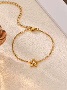 1pc Exquisite Clover/Flower/Infinity/Turtle Pendant Women's Bracelet, Stainless Steel Material With Zirconia, Gold Color Women's Jewelry Accessory, Women's Accessory, Back To School Gift, Valentine's Day Gift, Summer Vacation Accessory - Multicolor - View 5