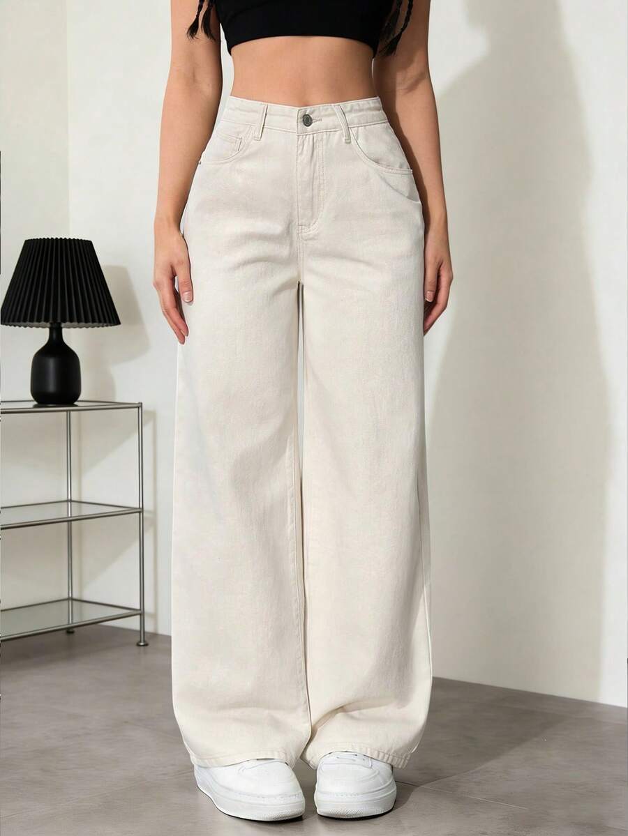 Women's Casual Straight Leg Loose Fit Jeans With Pockets, Straight Jeans, Washed Denim Baggy Jeans, Vintage Casual Style - 米色 - 查看 1