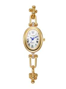 Women's Exquisite Oval Roman Numeral Bracelet Watch, U-Shaped Beaded Chain Rhinestone Inlaid Luxury Niche Quartz Watch, Gift For Best Friend (1pc/Set) Watch Box Not Included - Gold - View 8