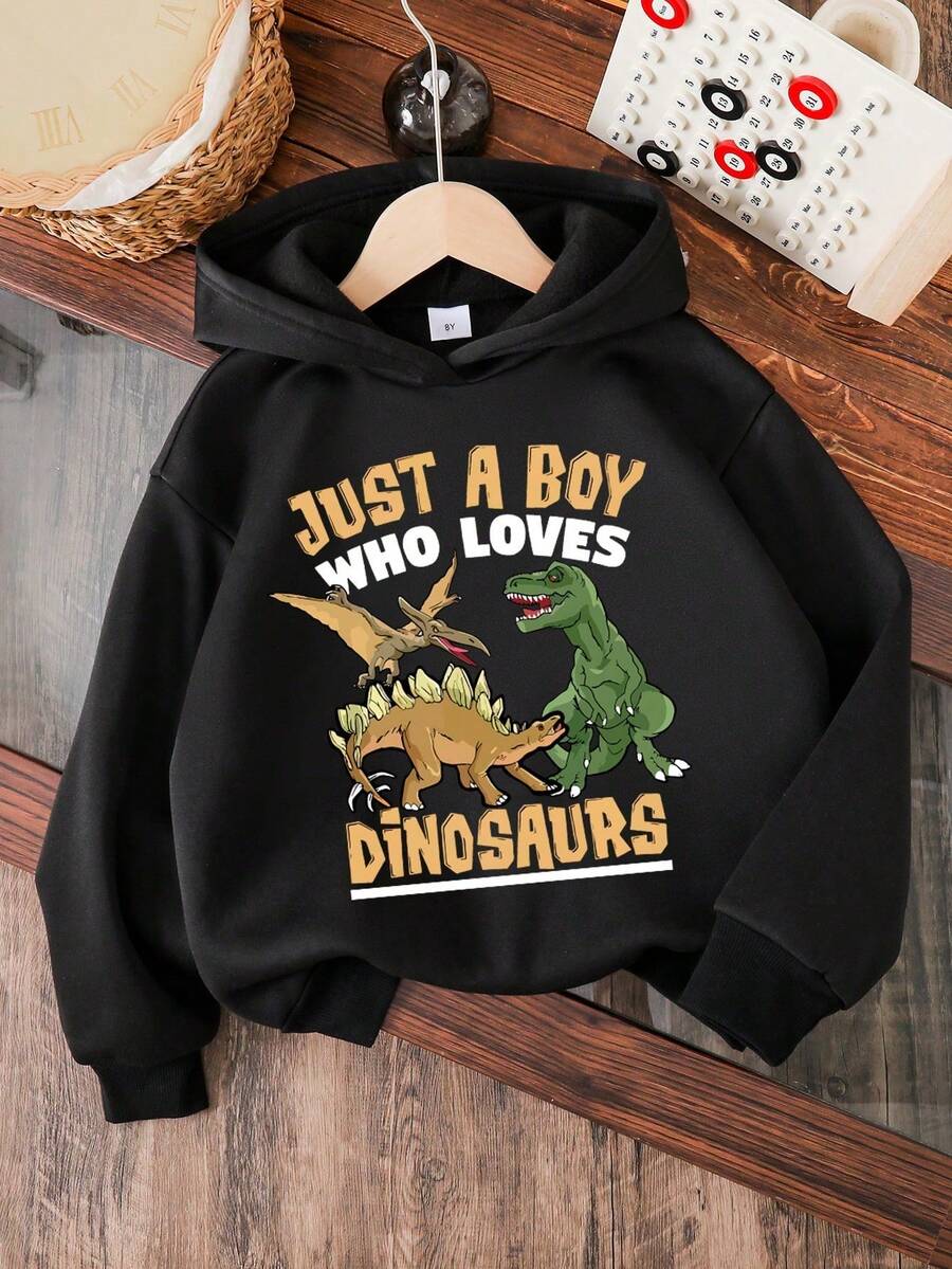 Warm Dinosaur Print Sweatshirt For Boys - Black - View 1