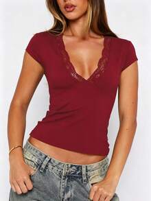 Women's Deep V-Neck Short Sleeve Top, Lace Detail, Regular Length, Slightly Stretchy Fabric - Burgundy - View 7
