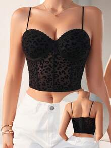 1pc Leopard Print Women's Underwire Push-Up Bra, Thin Non-Adjustable Shoulder Straps Women's Lingerie - Black - View 2