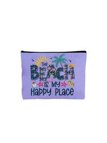 "Beach Is My Happy Place" Tropical Beach Theme Zipper Makeup Bag For Women, Portable Travel Toiletry Bag Organizer For Cosmetics And Toiletries, 6 Colors Available, Portable Organizer Bag, Beach Bag, Travel Bag, Travel Makeup Bag, Summer Vacation Accessory And Back To School Gift, Perfect For Birthday, Thanksgiving - Multicolor - View 16