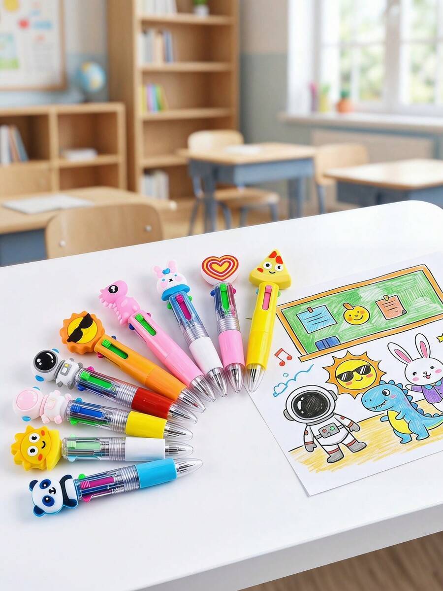 10件組兒童派對小禮物,卡通四合一四色筆,可愛兒童繪畫與書寫筆,萌寵禮盒,開學首日回校禮 - 彩色 - 查看 1