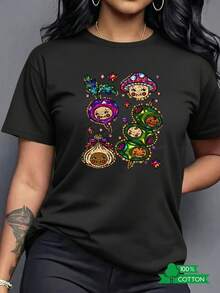 Camisas de mujer, blusas hermosas, camisetas de cuello redondo para mujer con estampados de letras y anime a la moda, diseño sencillo, cómodas y transpirables, adecuadas para el uso diario i - Negro - Ver 1