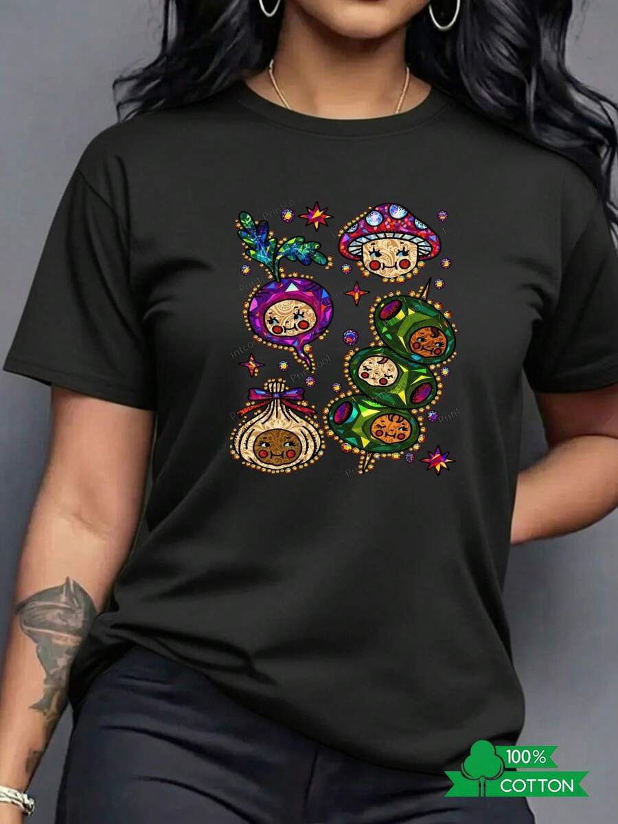 Camisas de mujer, blusas hermosas, camisetas de cuello redondo para mujer con estampados de letras y anime a la moda, diseño sencillo, cómodas y transpirables, adecuadas para el uso diario i - Negro - Ver 1