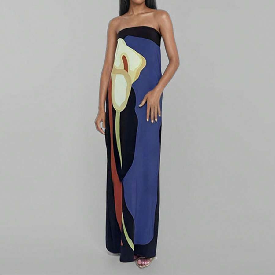 2026 Spring New Women's Clothing European And American Dresses Fashionable Sexy Off-Shoulder Printed Strapless Long Dress Breathable And Comfortable