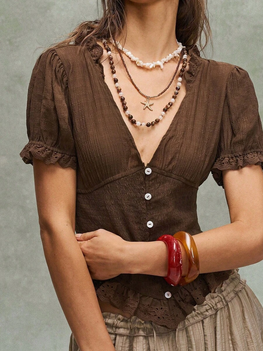 Camisa casual de mujer de manga corta con cuello en V, unicolor y botones, para verano - Marrón - Ver 1