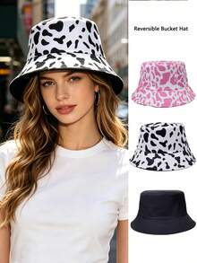 1pc Unisex Reversible Cow Print Bucket Hat, Pink & Black White Pattern Sun Cap, Foldable UV Protection For Festivals & Travel - A - View 6