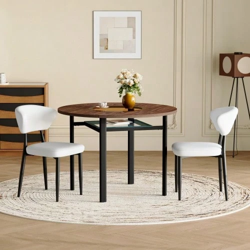 Modern Minimalist Round Table Set (2 White Polyurethane Armchairs With Curved Backrest), 100cm Diameter Round Table With Wood Look, Suitable For The Dining Room And Kitchen. - Black - View 1