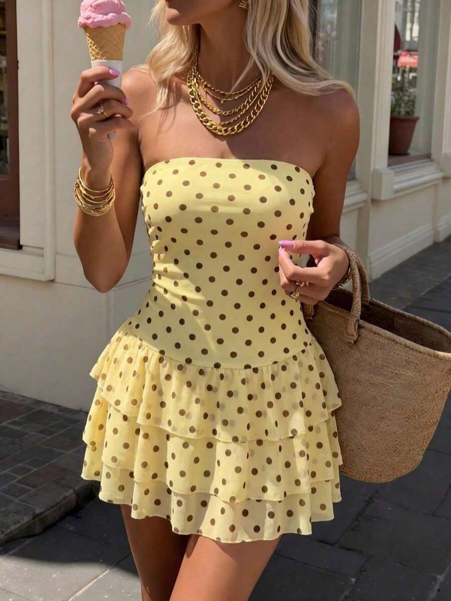 Dila Polly Women's Summer Polka Dot Print Ruffle Hem Mini Dress, Polka Dot Print Double Layer Mesh Tube Top Mini Dress, Suitable For Vacation, Weekend Outings, Casual Parties, Afternoon Tea And Other Occasions - Yellow - View 1