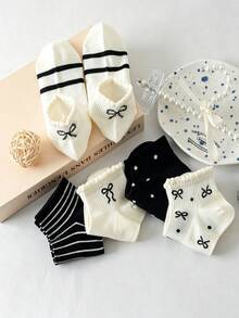 5 Pairs Random Women's Black And White Contrast Striped Polka Dot Bow Ruffle Mid-Calf Socks, Skin-Friendly Ribbed High-Elastic Fabric, Breathable And Sweat-Absorbing, Cute Sweet Style Mid-Calf Socks, Suitable For Students' Daily Commute And Home Use - Multicolor - View 6