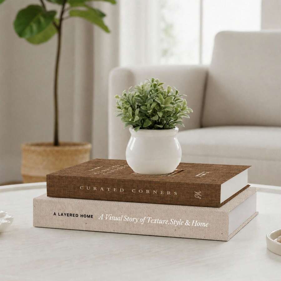 2 piezas de libros decorativos de lino sintético, adecuados para estantería, mesa de café, decoración de estante de almacenamiento, caja de libro sintético, función estética decorativa, diseño de estilo minimalista neutral, compatible con varios estilos estéticos del hogar - 222 - Ver 1