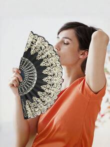 1Pc /2Pcs Vintage Gothic Lace Folding Hand Fan With Jade Pendant Tassel, Retro Gold Stamping Floral Handheld Fan, Chinese Style Accessory For Lolita Cosplay Dance Wedding Party Decor & Gift - Folding Fan - View 3