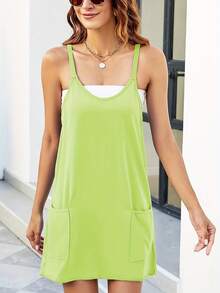 Women's Sleeveless Summer Mini Dress, Spaghetti Strap Style, Short Dress With Pockets - Green - View 5