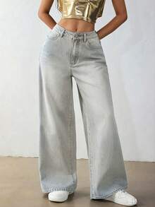 IDYLLIC Pantalones baggy Wide leg jeans mujer Vaqueros pantalón ropa casual lavada con agua cintura alta pantalones vaqueros pantalon de mezclilla dama pantalones cargo de mujer - azul real - Ver 2
