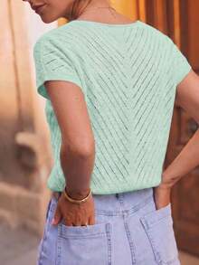 2026 Nouveau Top en Tricot à Manches Courtes Col V pour Femmes, Design Ajouré Élégant Style Français, Blouse Décontractée Longueur Régulière Printemps/Été Port Quotidien - Vert menthe - Voir 4