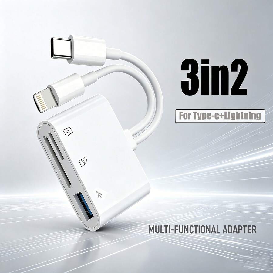 1 buah Pembaca Kartu Plug and Play Type-C+Lightning, Pembaca Kartu Memori Slot Ganda Mendukung Kartu SD dan TF, Adaptor Pembaca/Penampil Kamera USB, Konverter Konektor Portabel Kompatibel dengan Seri 17/16/15/14/13/12/11/XS/XR/ - View 1