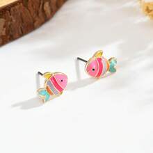 Đôi bông tai đinh nhỏ hình cá nhỏ tráng men nhỏ giọt đa sắc tinh xảo dễ thương, phù hợp đeo hàng ngày hoặc đi tiệc, bông tai hoạt hình dễ thương - Nhiều màu - Xem 2
