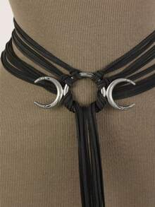 2pcs Multi-Strand Black Rope Waist Belt, Moon Buckle Woven Rope Waist Tightening Belt, Medieval Renaissance Women's Halloween Cosplay - Multicolor - View 3