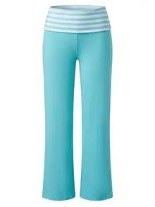 Women Y2k Striped Fold Over Yoga Pants Low Rise Stretch Straight Wide Leg Palazzo Pants Loose Fit Comfy Flared Leggings Gym Lounge Pants Sweatpants - 藍色 - 查看 6