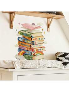 1pc Self-Adhesive Removable Rainbow Book Wall Sticker, Artistic Reading DIY Sticker, No Damage Creative Study Room Background Wall Decor - Book Rainbow - View 2