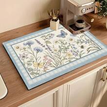 1pc Floral Pattern Absorbent Drying Mat, Kitchen Decor Coffee Machine Mat, Hand Drip Coffee Pot Drip Tray, Kitchen Floor Mat, Table Mat, Kitchen Countertop Dish Drying Mat, Breakfast Mat, Heat-Resistant Drip Tray With Non-Slip Backing, Diatomaceous Earth Drip Tray, Stain-Hiding, Super Absorbent Kitchen Drip Tray, Easy-To-Clean Dish Rack Mat, Perfect For Kitchen, Dining Table, Coffee Shop, Bar, Holiday, Party, Home Decor, Holiday Gift - Multicolor - View 4