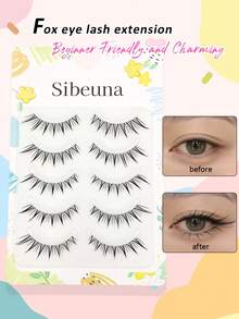 Sibeuna 5對濕亮狐狸眼假睫毛，日韓風透明梗偶像團體尖尾設計，單片自然毛感漫畫睫毛，超輕貓眼條狀睫毛，適合初學者 - 黑色 - 查看 4