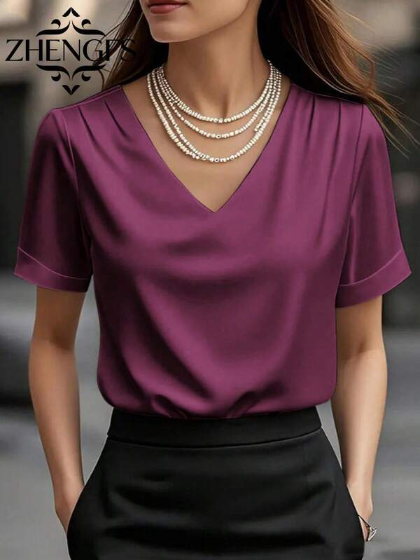 1 pieza Blusa de mujer de unicolor de satén con cuello en V y manga corta, elegante y de moda para uso diario, oficina, hogar, citas, primavera/verano casual