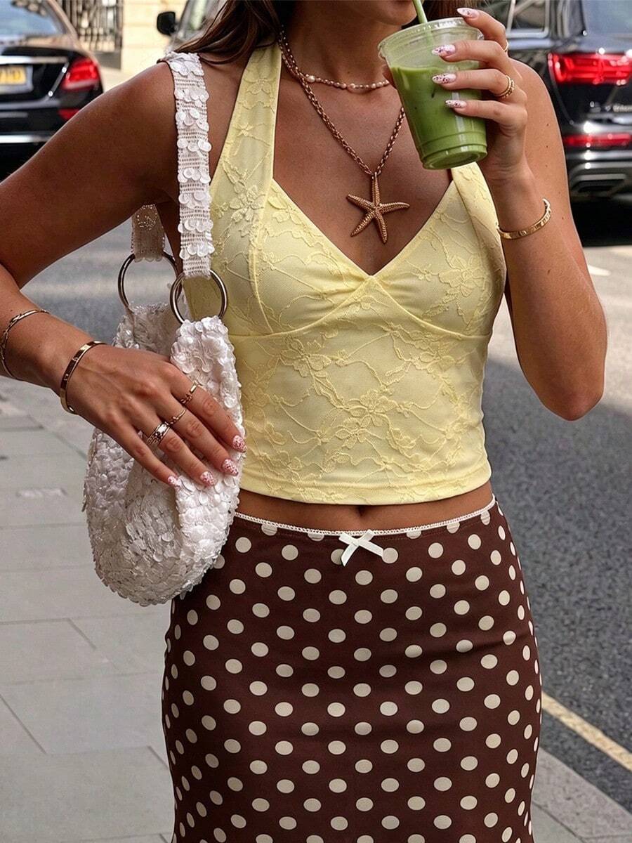 Women's Hollow Lace Camisole, Yellow Summer Beach Top, Suitable For Vacation And Casual Wear - Yellow - View 1