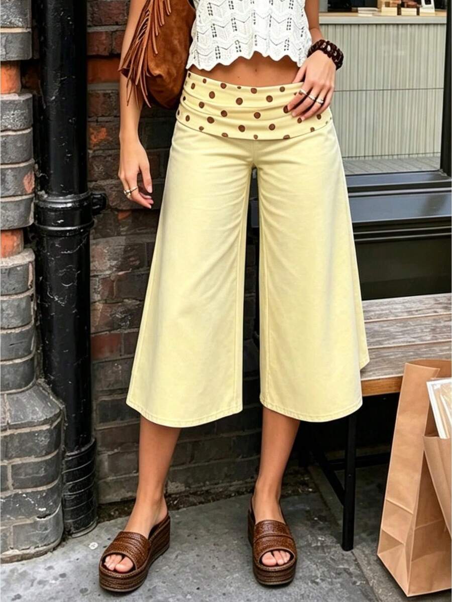 Fold Over Wide Leg Capri Pants For Women Low Rise Lounge Yoga Flare Culottes Y2k Flowy Crop Palazzo Pants - 芥末黃 - 查看 1