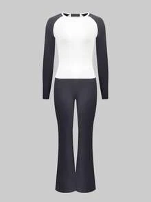 LovelyWholesale Women's Casual Round Neck Long Sleeve Colorblock T-Shirt With Waist Ruffle Flare Pants Set, Suitable For Spring/Fall Wear,Women's Outfit - Dark Grey - View 7