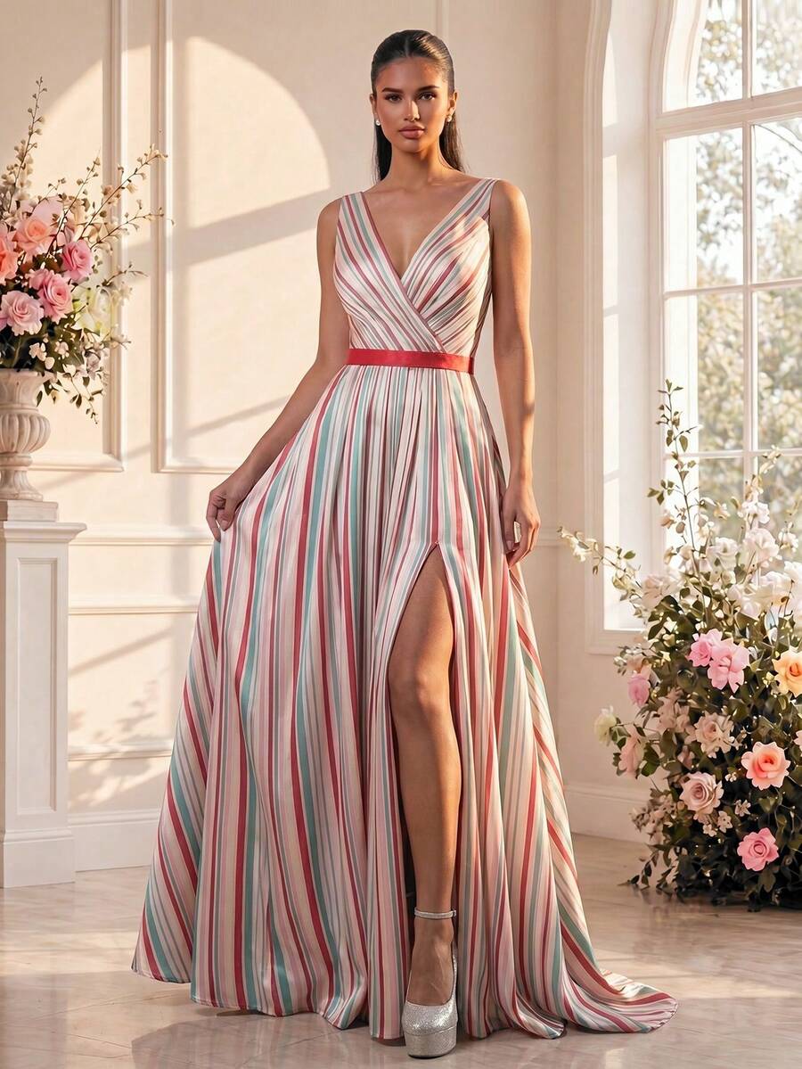 Women's Sleeveless V-Neck Striped Maxi Dress, Flared Hem, High Slit Design, Suitable For Formal Evening Wear Pink Wedding - Pink - View 1