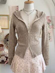 Floral Grey Khaki Zipper Hooded Knit Cardigan, Cropped Slim Fit Casual Minimalist Y2K Top - Apricot - View 5