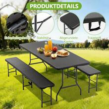 6ft Folding Picnic Table With 2 Benches / Garden Furniture Set / 3-Piece Camping Set / Easy To Transport / HDPE Tabletop With Tree Pattern, Safety Lock, UV & Water Resistant / Ideal For Camping, Garden And Balcony - Black - View 1