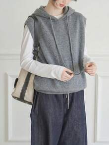 Atasan Sweater Rajut Wanita Polos Minimalis Kasual dengan Tudung, Musim Gugur/Musim Dingin - Grey - View 5
