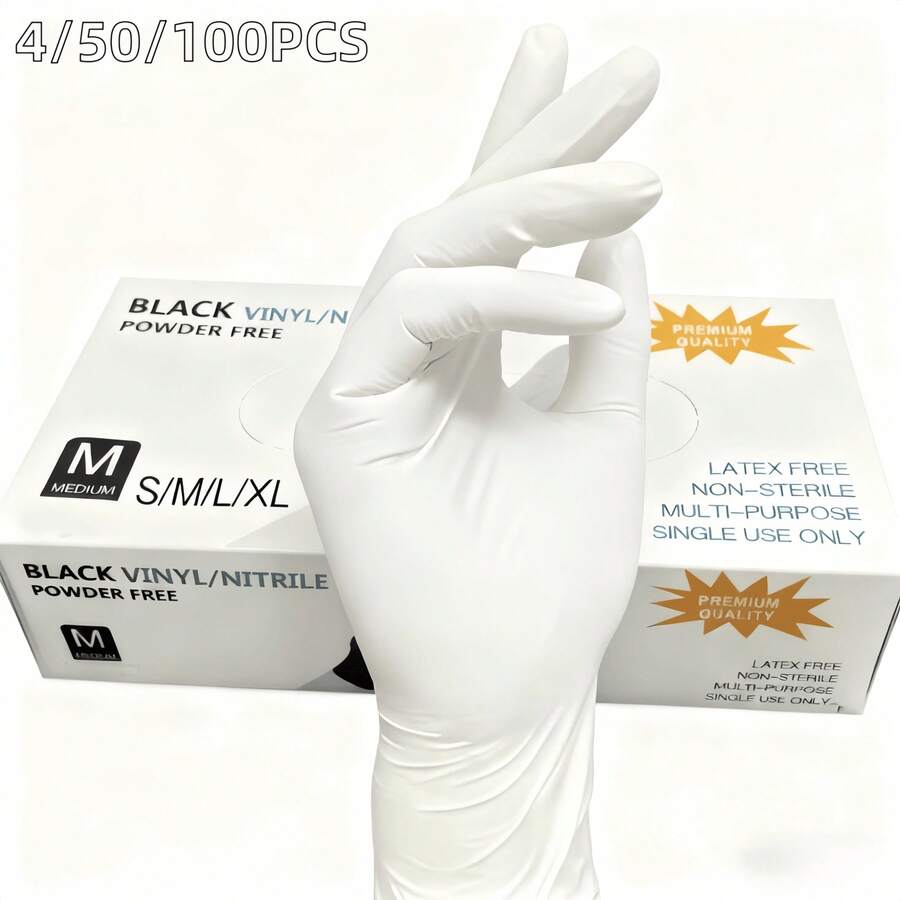 4/50/100 piezas Guantes de nitrilo desechables blancos, 100 piezas/caja, sin polvo, sin látex, para uso en cocina, limpieza e inspección