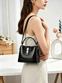 Crocodile Pattern Bucket Handbag, Glossy Patent Leather Top Handle Satchel Bag, Women Crossbody Shoulder Purse With Twist Lock Closure - Apricot - View 3