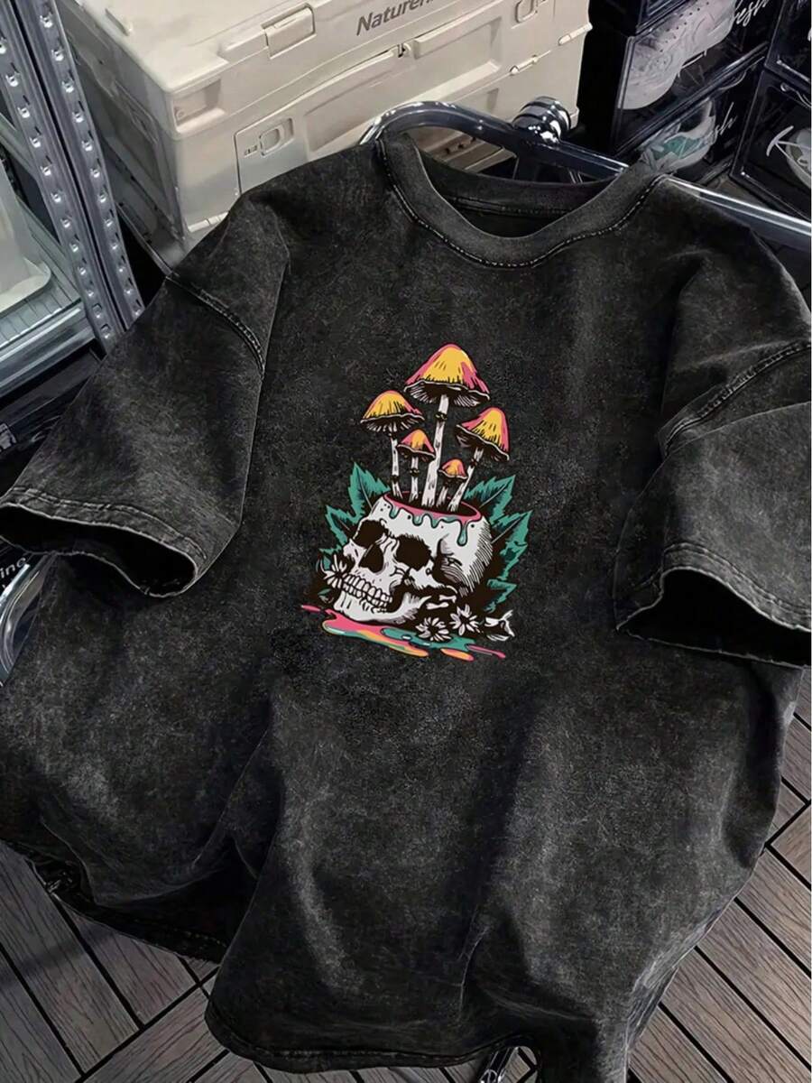 Black Short-Sleeved T-Shirt Made Of 100% Cotton (230 G/M²) With A Vintage Wash - Unisex Oversized T-Shirt With A Retro Graphic Print Of Skulls And Mushrooms, Loose Fit, Crew Neck - 白色 - 查看 1