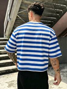 FRACTYR 男士夏季短袖街頭字母條紋印花美式高街寬鬆圓領T恤，舒適戶外穿著 - 藍色 - 查看 5