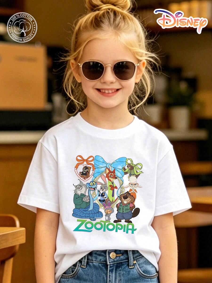 Disney Zootopia All Characters Kids T-Shirt, 100% Cotton Cartoon Graphic Tee, Unisex Boys & Girls 4-14Y, Birthdays & Children's Day Gifts - 白色 - 查看 1